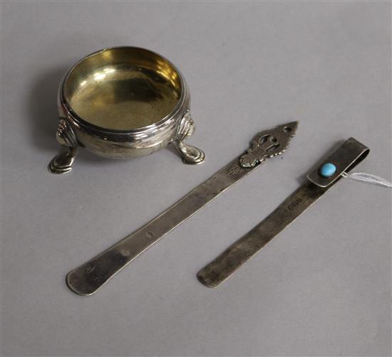 An Edwardian silver and turquoise book mark, a similar French bookmark and a Georgian silver salt.